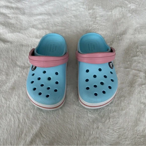 Crocs Kids Crocband Clog Ice Blue with Pink Stripe Slip-On Sandals Size C 11 - Picture 6 of 9